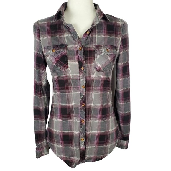 Passport Plaid Button Down Roll Tab Sleeve Shirt Women's Small B1324 - Picture 2 of 11